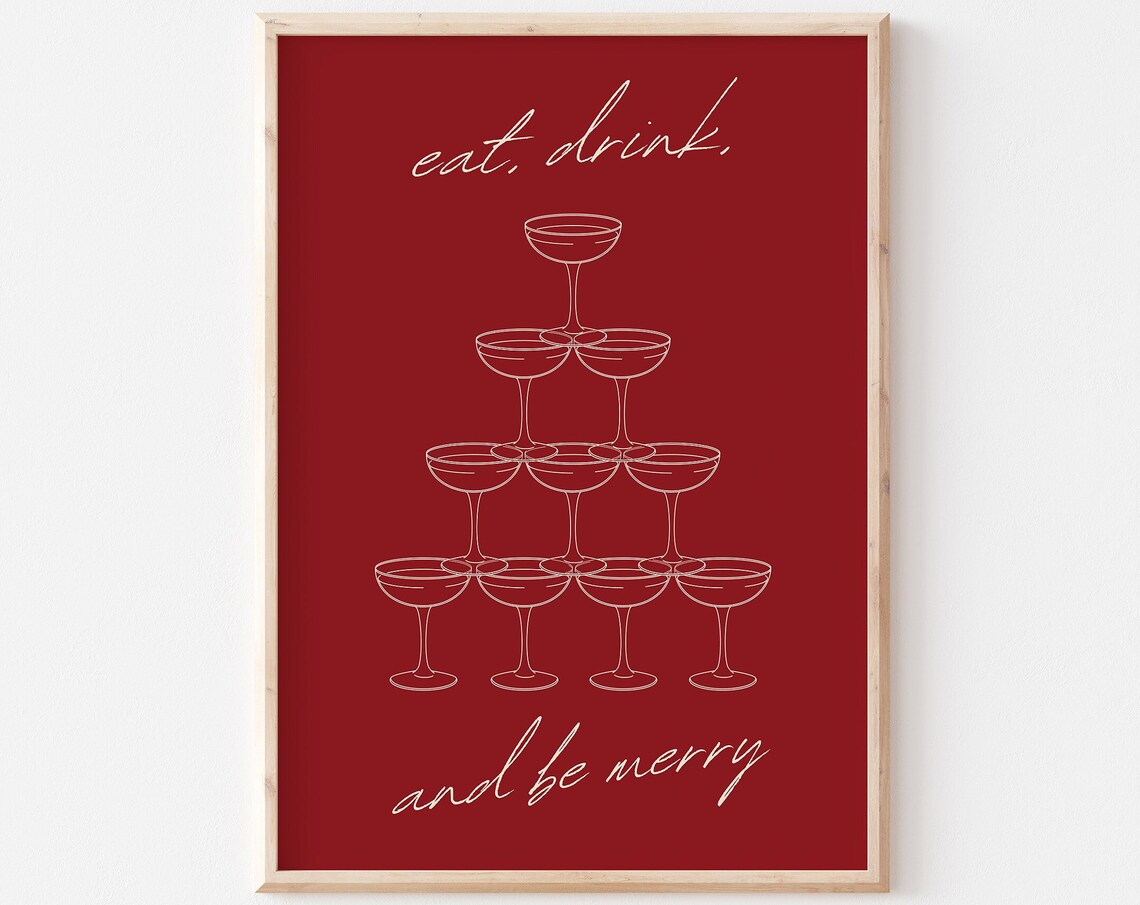Eat Drink And Be Merry Champagne Tower Red Holiday Toast Poster