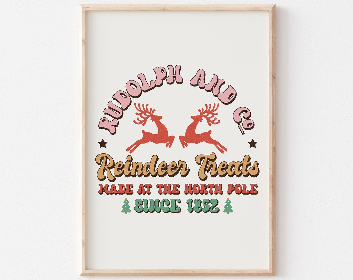 Rudolph and Co Reindeer Treats Retro Christmas Typography Poster