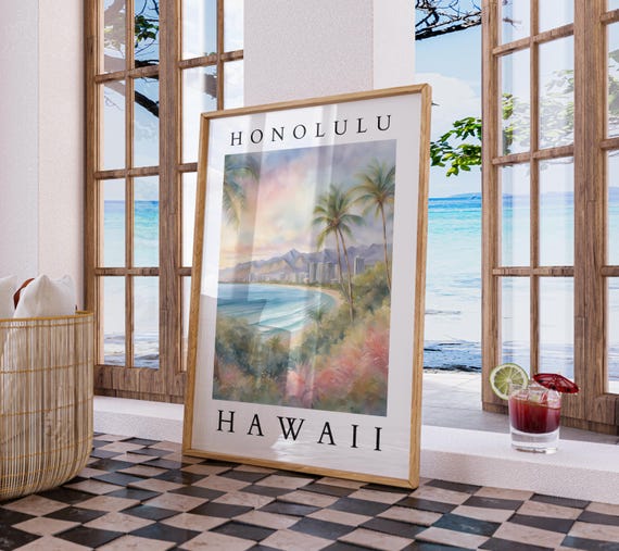 Honolulu Hawaii Watercolor Wall Art Tropical Cityscape Palm Trees Sunset Airbnb Decor