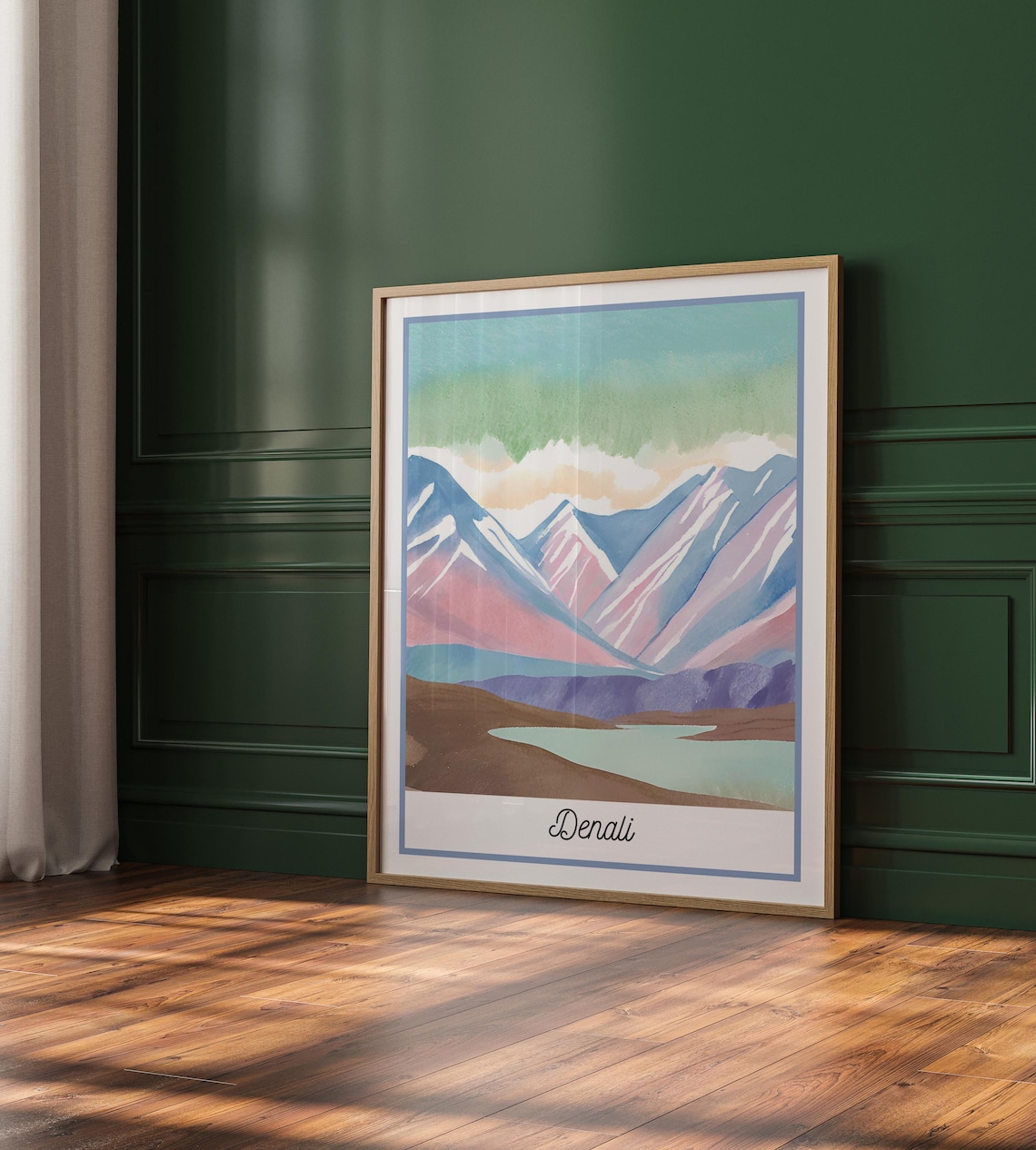 Denali Watercolor Travel Poster Alaska Pastel Mountain Lake Landscape Art