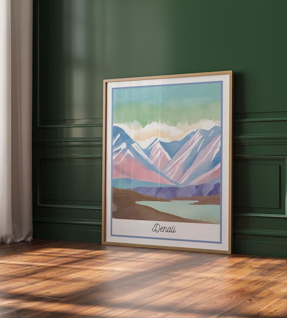 Denali Watercolor Travel Poster Alaska Pastel Mountain Lake Landscape Art