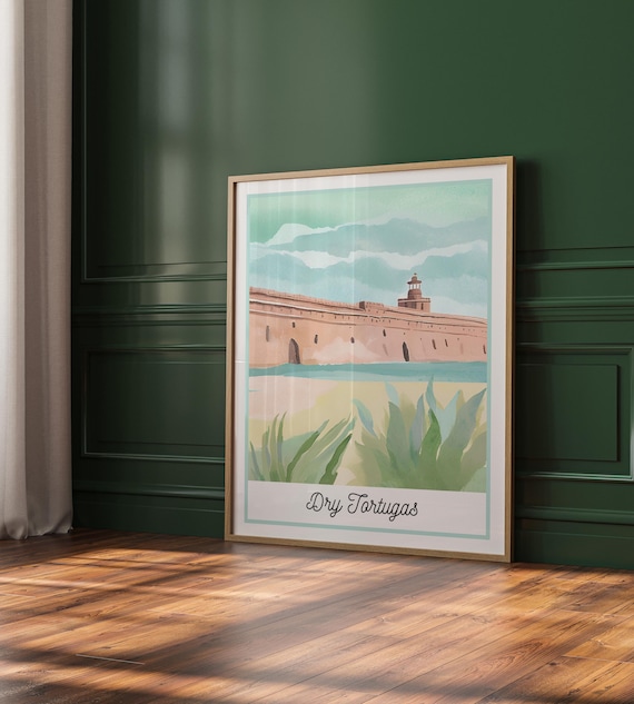 Dry Tortugas Watercolor Travel Poster Florida Fort Lighthouse Decor
