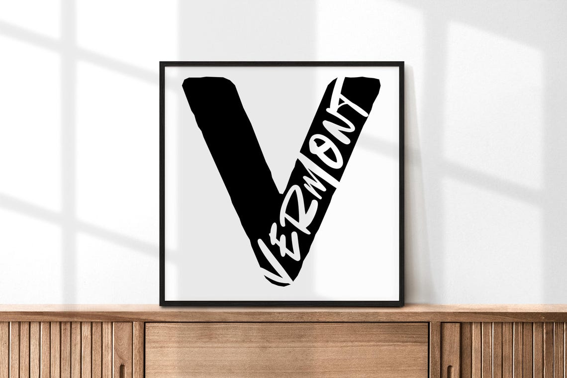 Vermont State Large Letter V Black White Minimalist Typography Print