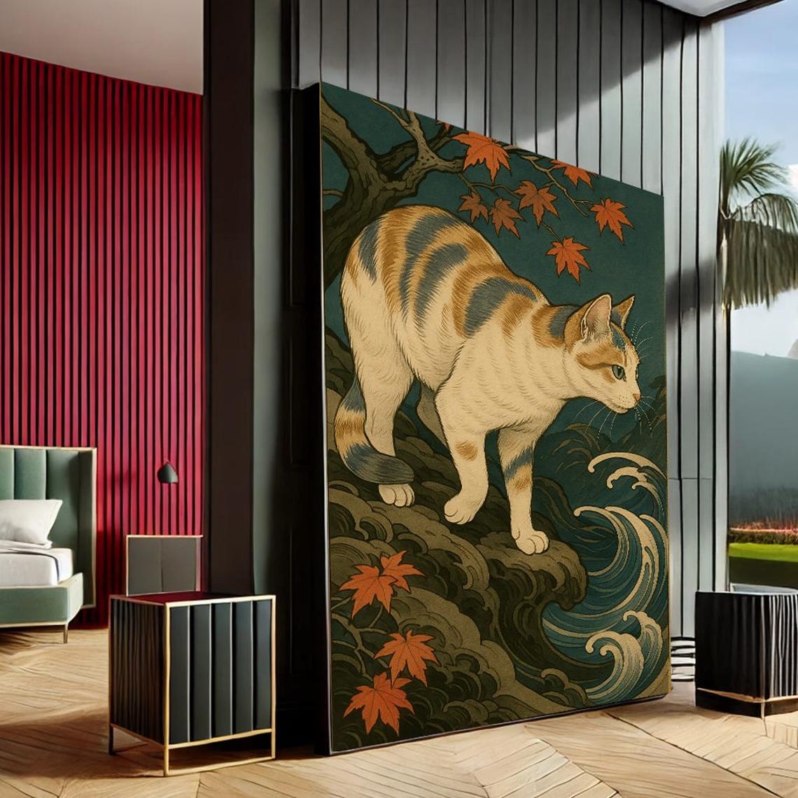 Calico Cat Among Maple Leaves And Waves Japanese Style Art Poster