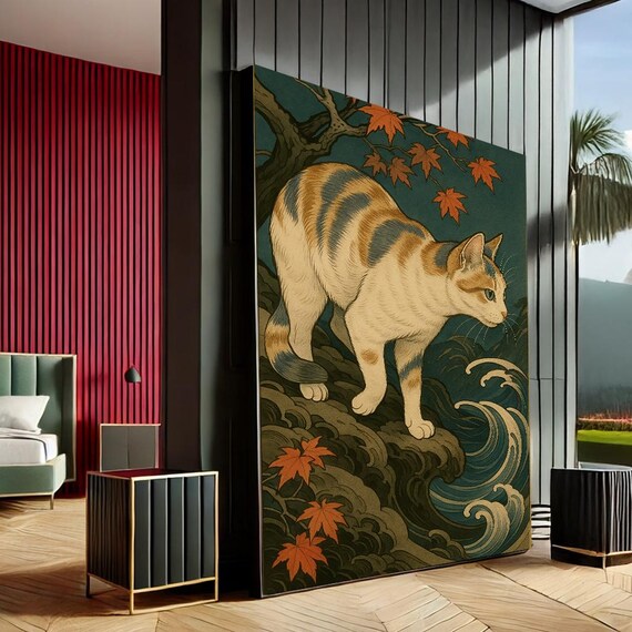 Calico Cat Among Maple Leaves And Waves Japanese Style Art Poster