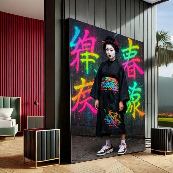 Street Art Geisha Neon Graffiti Kimono Sneakers Vibrant Japanese Wall Art