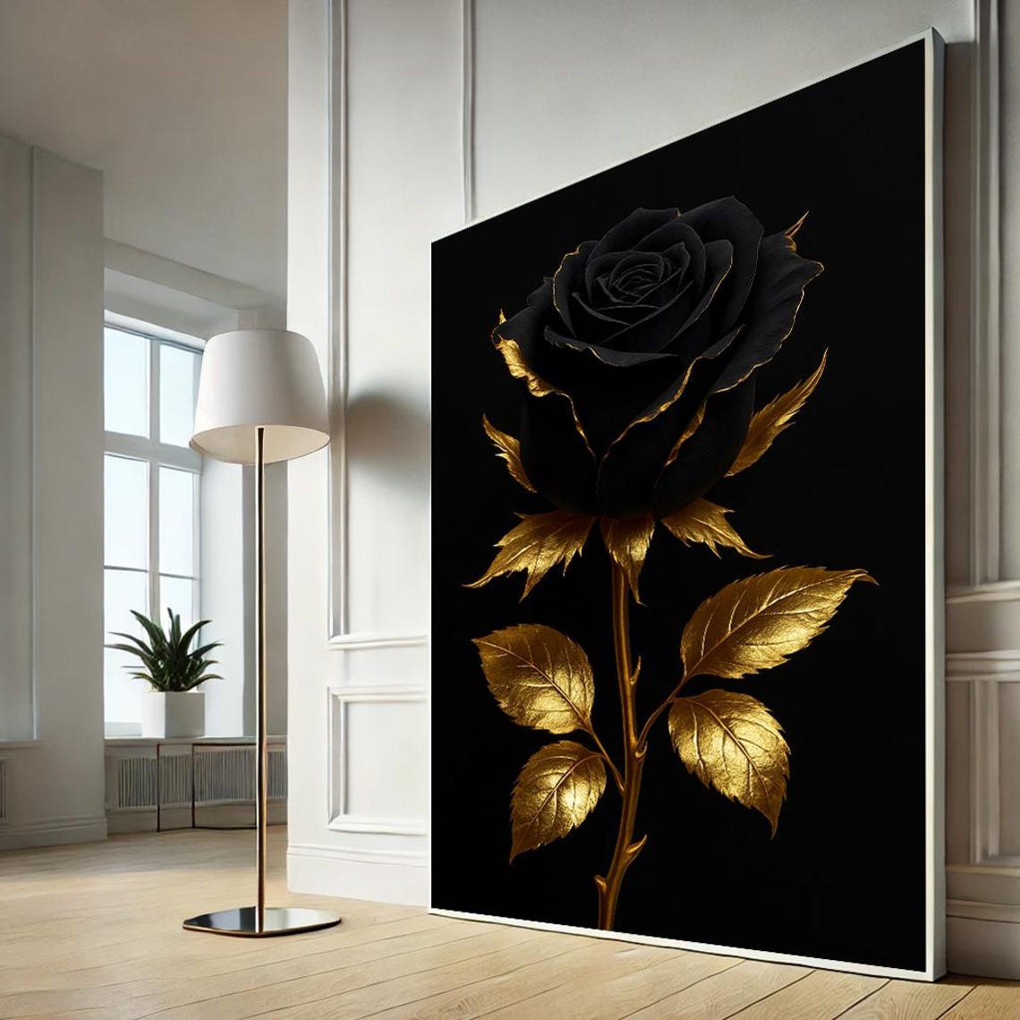 Black Rose With Gold Leaves Dramatic Gothic Floral Canvas Poster