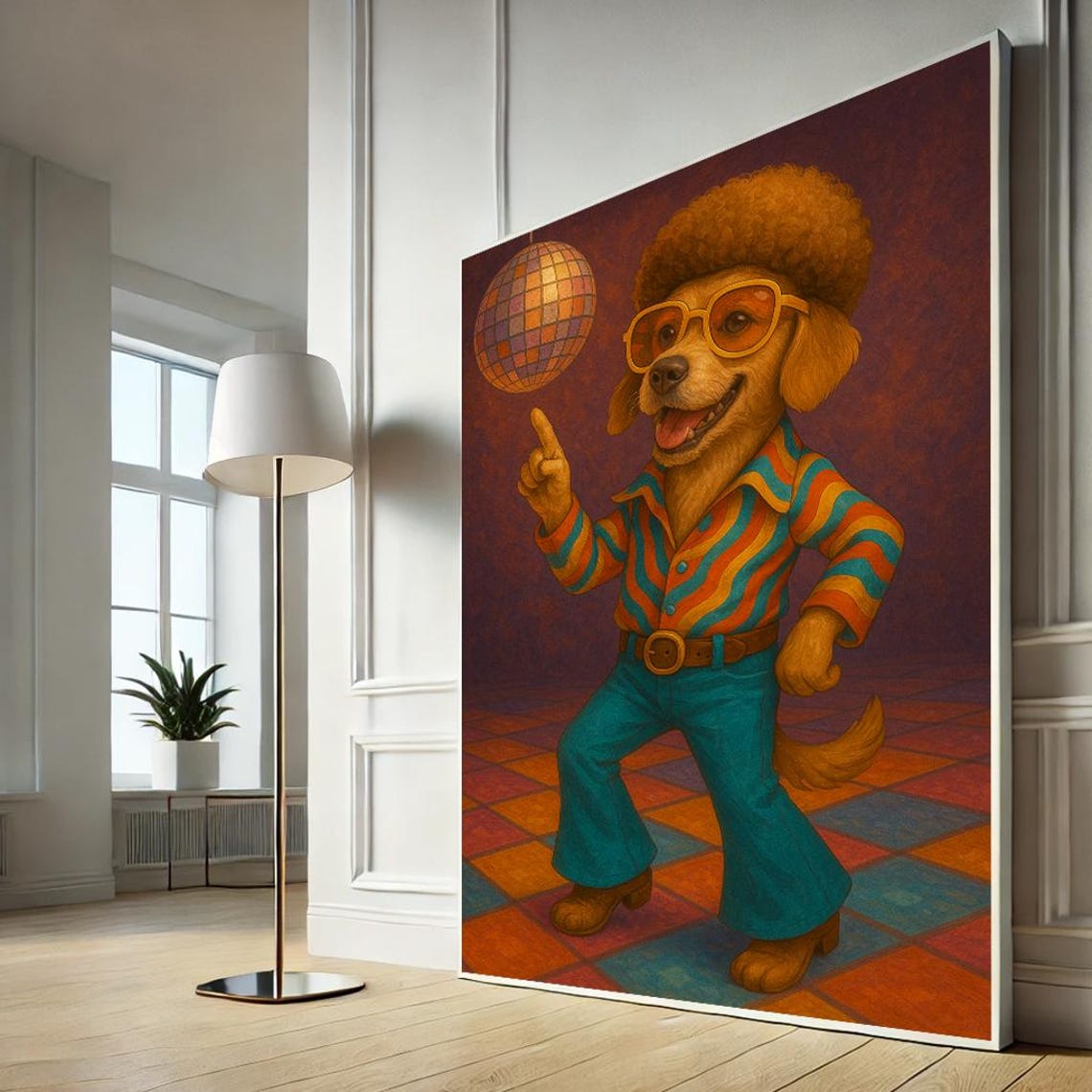 Disco Dog Funny Retro Dancing Dog in 70s Outfit with Disco Ball Poster