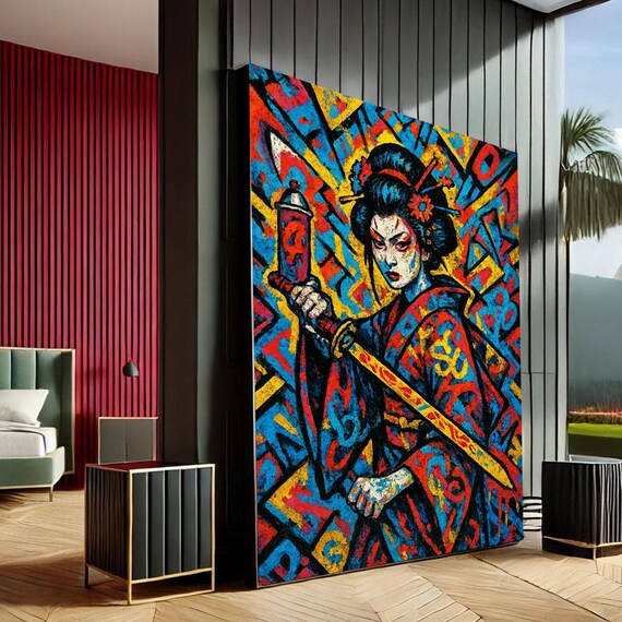 Pop Art Samurai Geisha Warrior Graffiti Katana Bold Colorful Art Poster