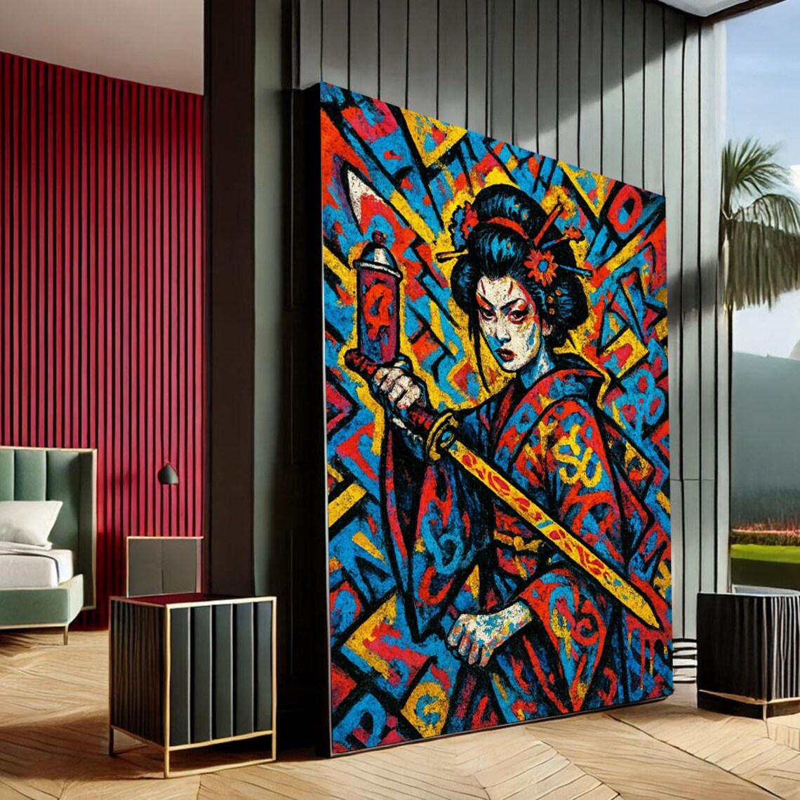 Pop Art Samurai Geisha Warrior Graffiti Katana Bold Colorful Art Poster