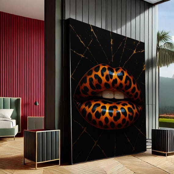 Bold Leopard Lips Pop Art Canvas Wall Print Black Orange Living Room Decor Statement Piece
