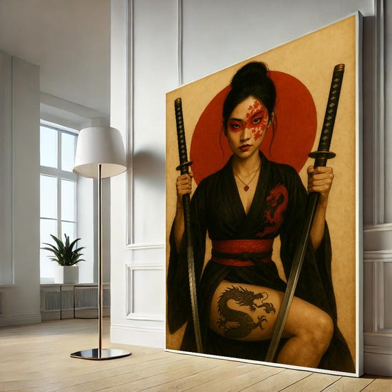 Fierce Samurai Woman Canvas Dual Katana Dragon Tattoo Art Japanese Warrior Wall Poster Print Ready To Hang Home Decor