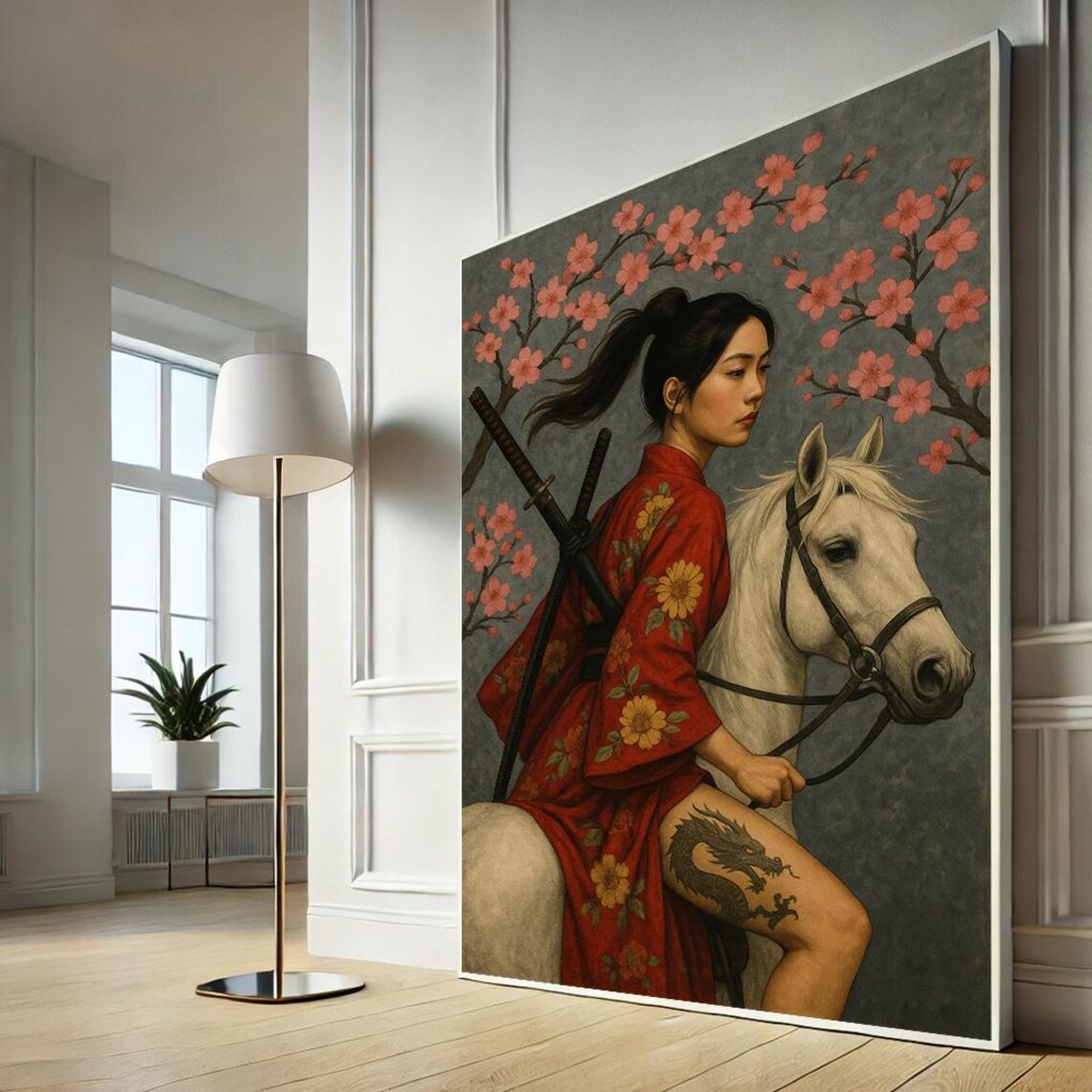 Warrior Woman On White Horse Cherry Blossom Asian Art Poster