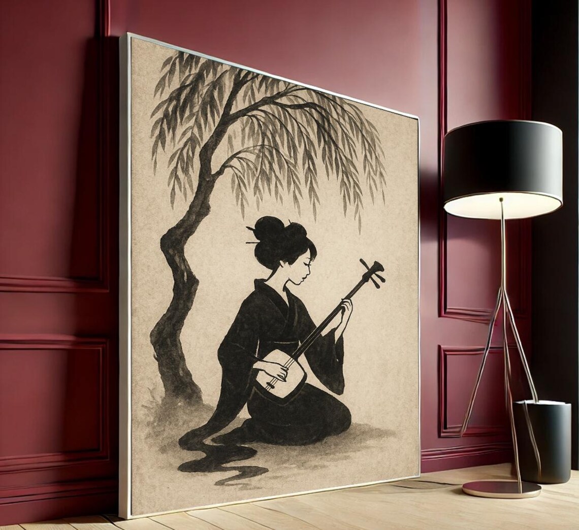 Japanese Woman Playing Shamisen Under Willow Ink Wash Art Print
