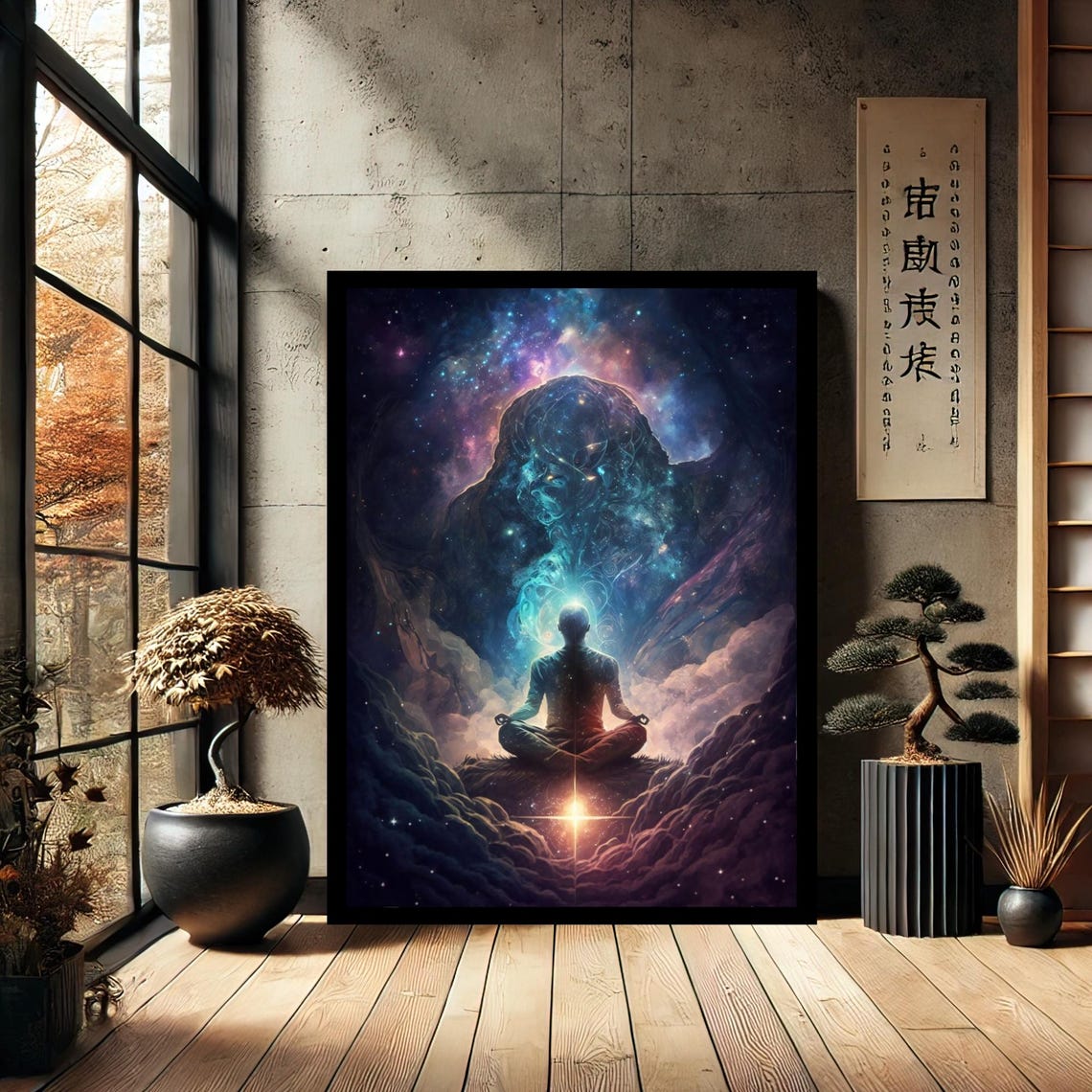 Meditating Figure Under Cosmic Nebula Mindfulness Yoga Art Print