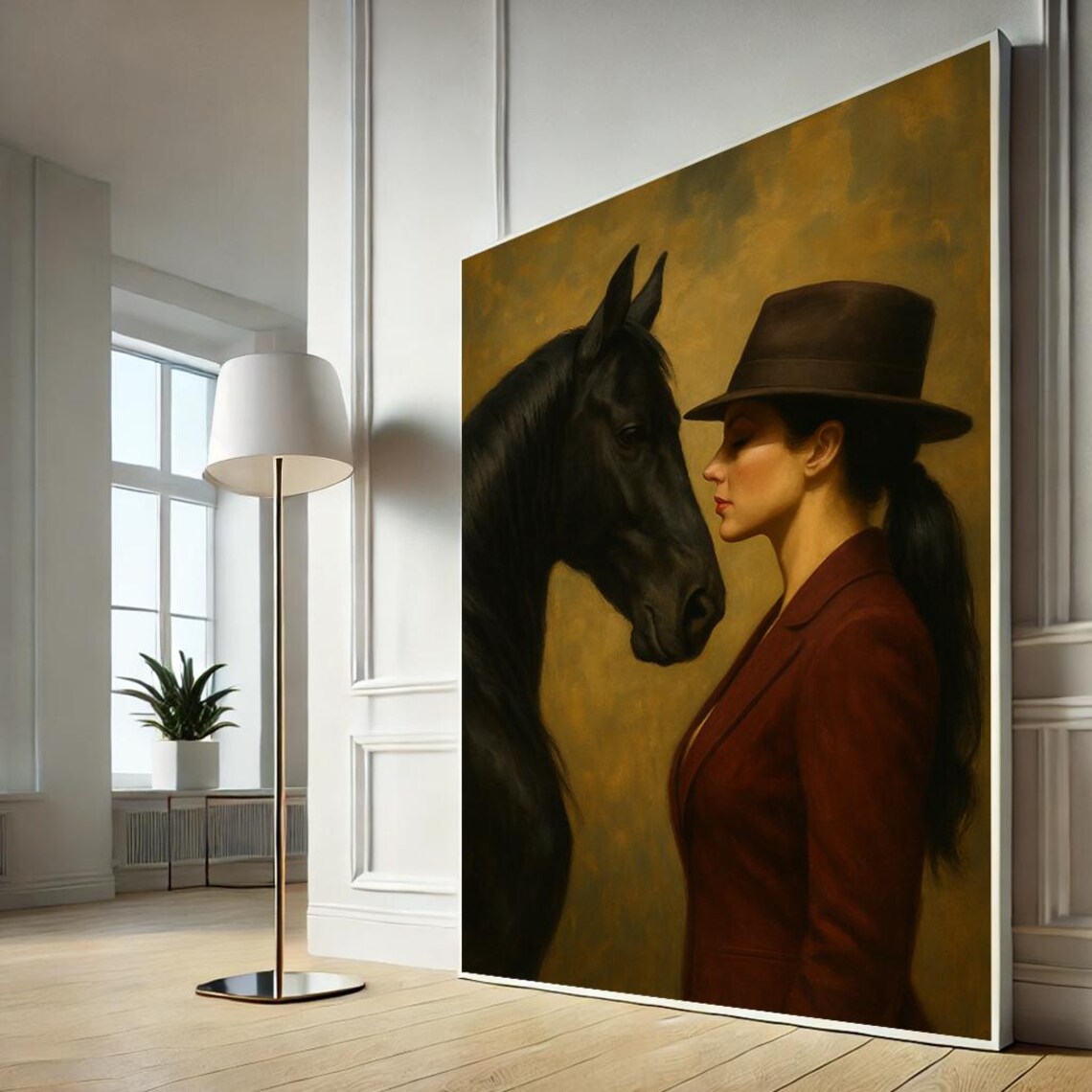 Woman With Black Horse Tender Portrait Modern Equestrian Art Print
