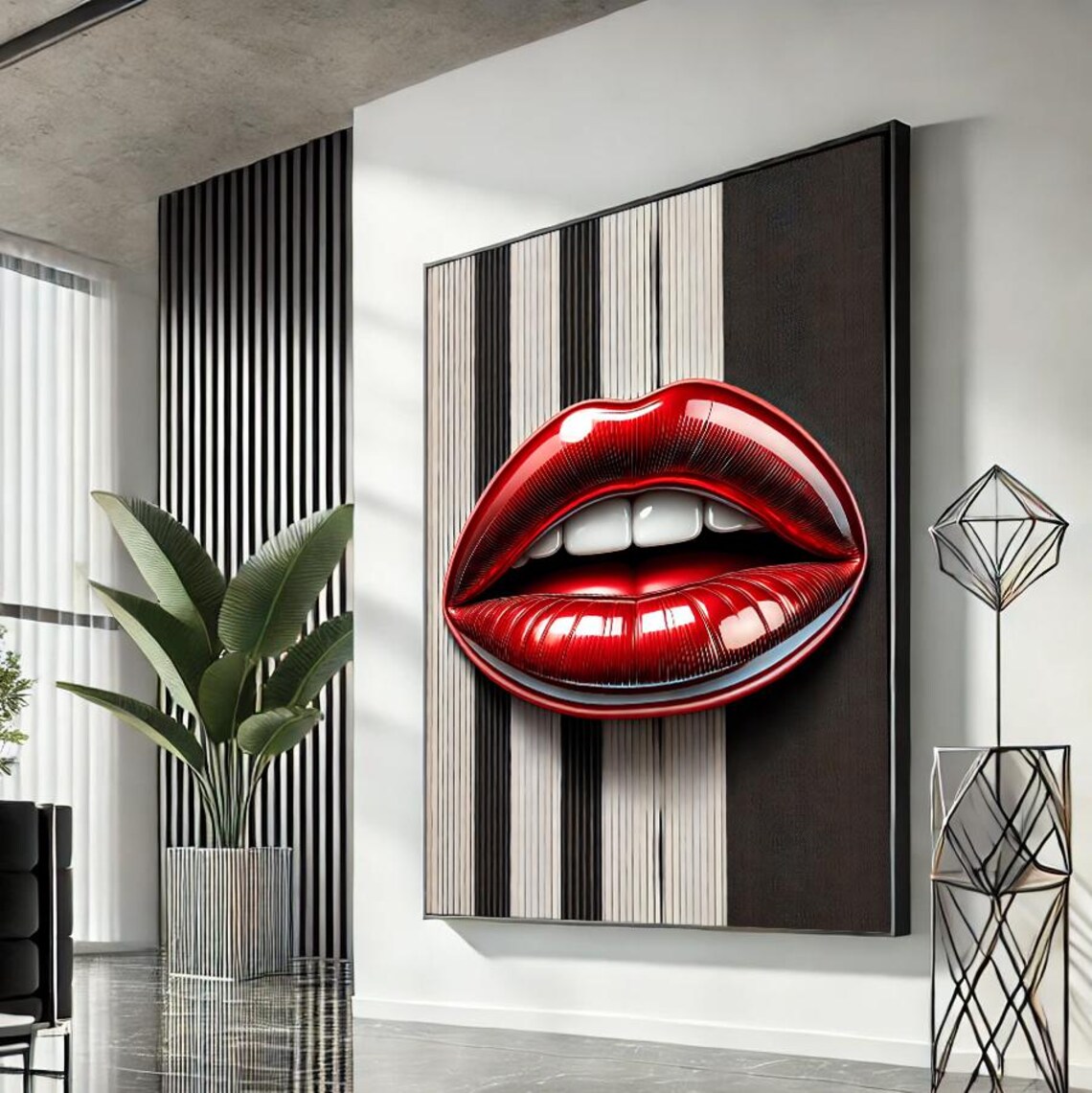 Cherry Red Lips Pop Art Pinstripe Backdrop Bold Modern Statement Wall Art