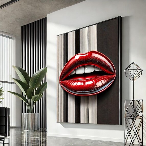 Cherry Red Lips Pop Art Pinstripe Backdrop Bold Modern Statement Wall Art