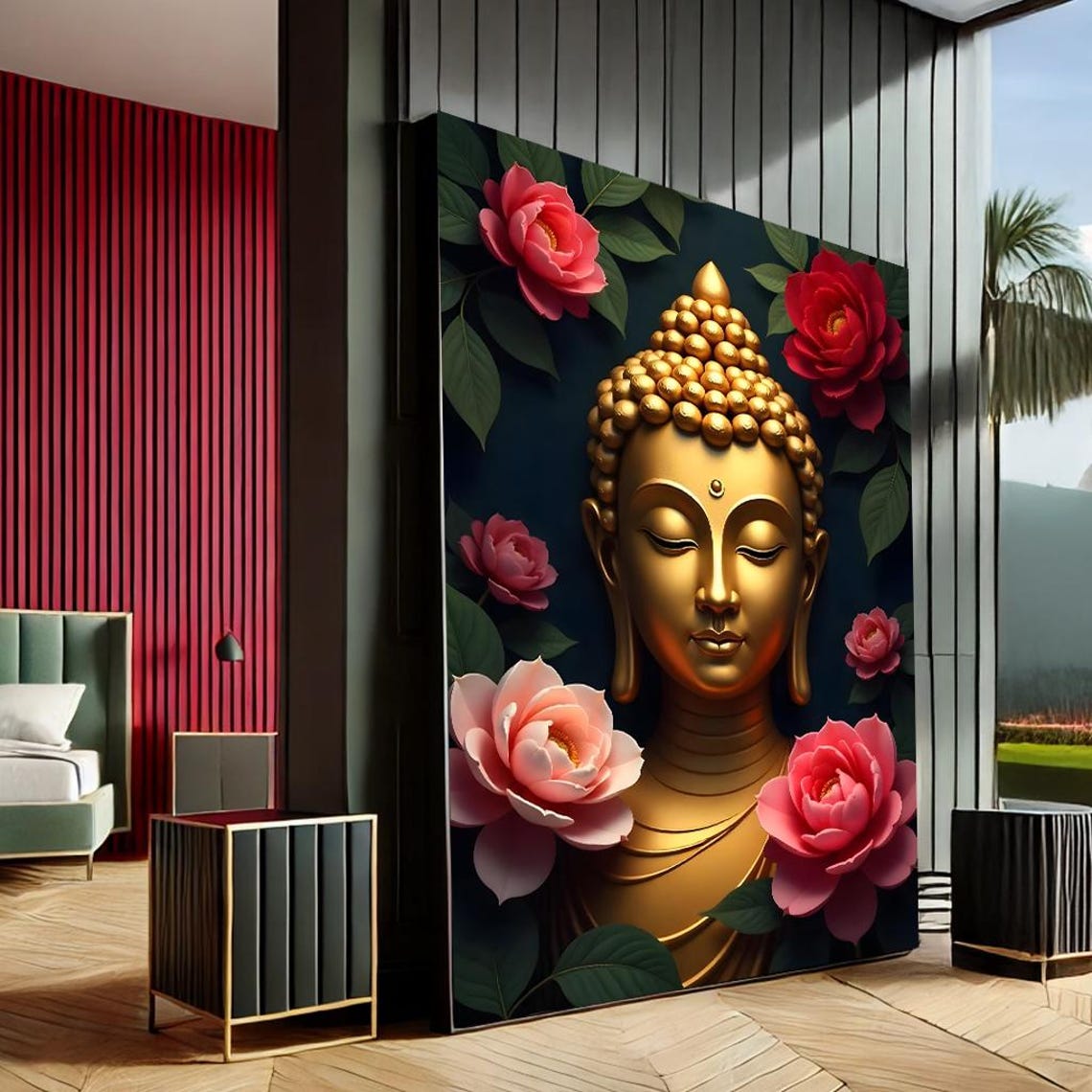 Peaceful Buddha With Roses Modern Canvas Wall Art Print Gold Red Living Room Decor Statement Piece