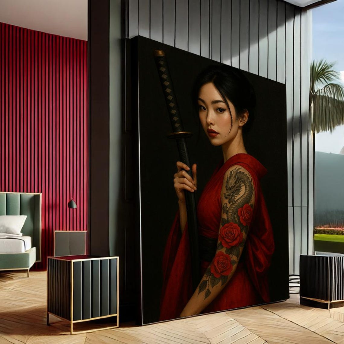 Empowering Samurai Woman Modern Canvas Wall Art Print Red Black Bedroom Decor Statement Piece