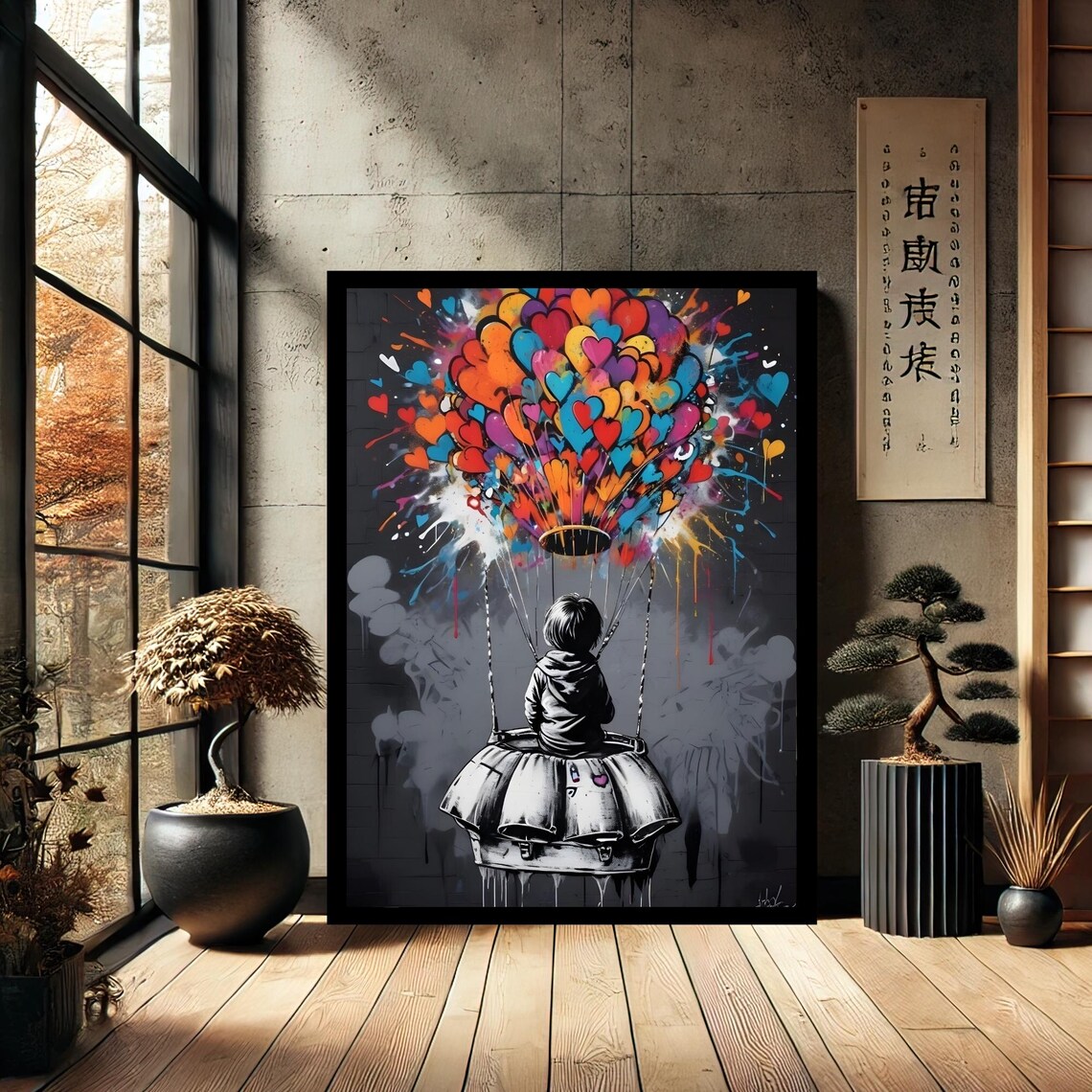 Child Heart Balloons Graffiti Hot Air Balloon Street Art Print