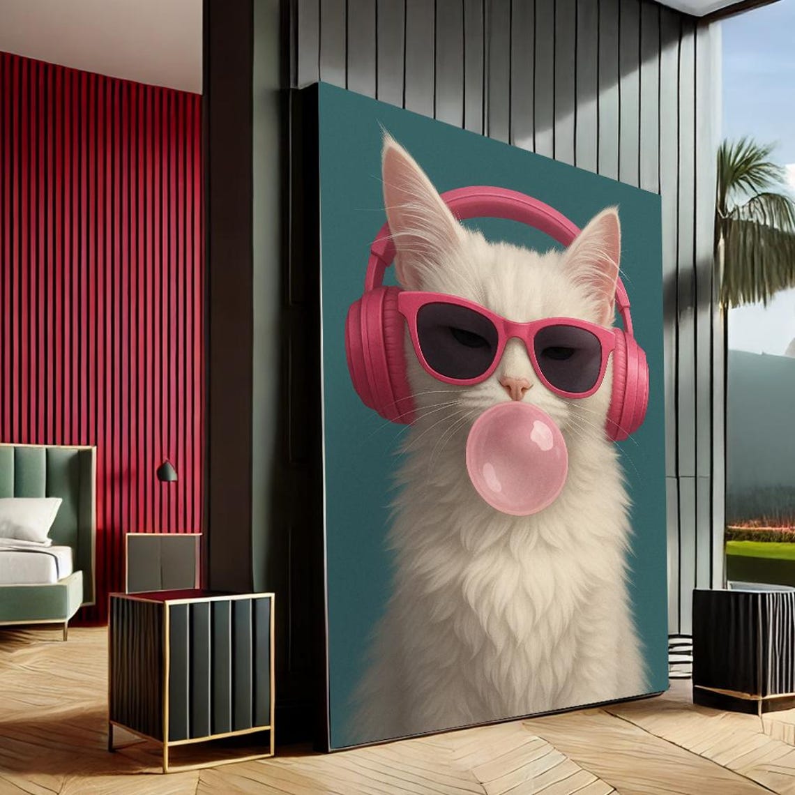 Playful White Cat With Pink Sunglasses Bubblegum Teal Pop Art Poster
