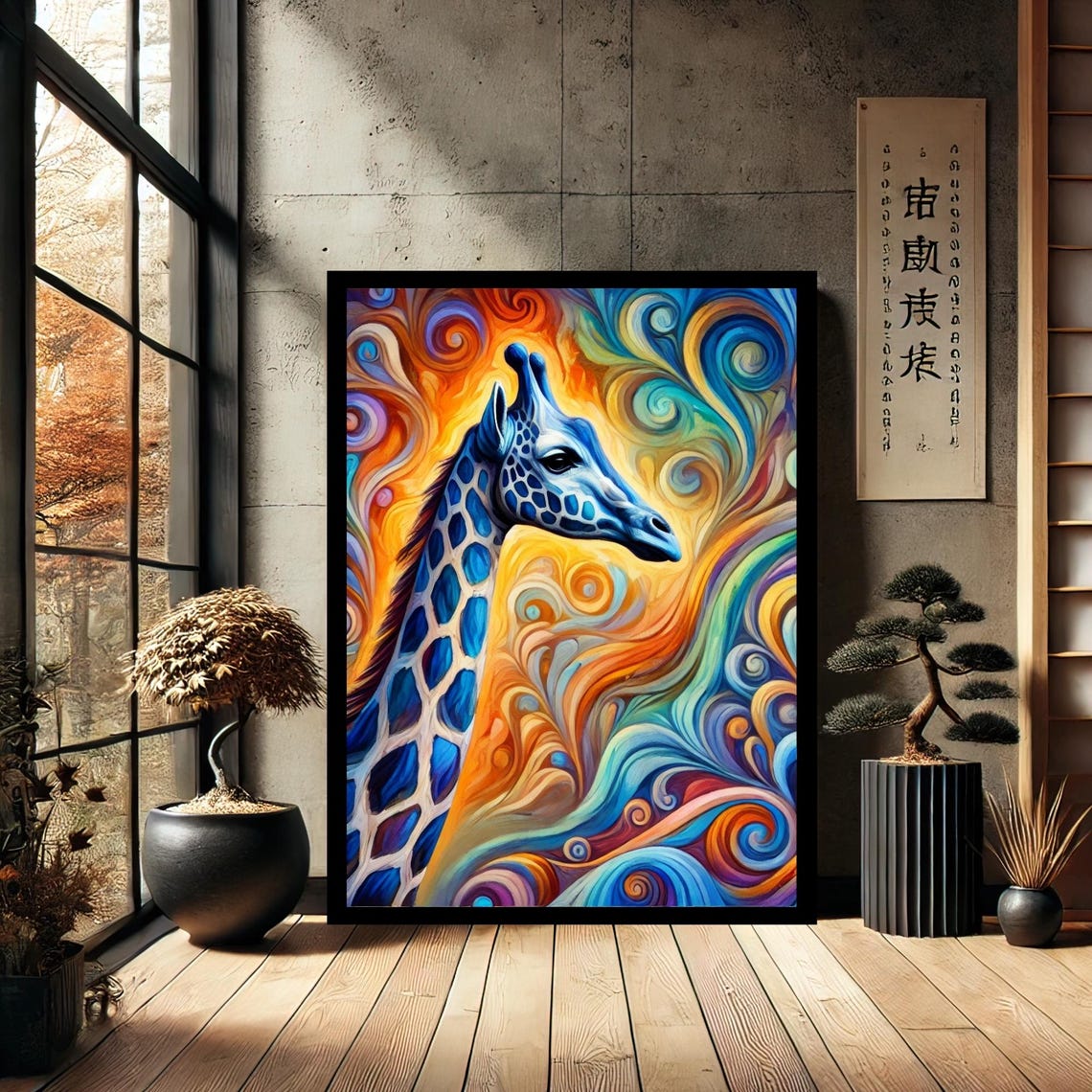 Blue Giraffe Swirling Psychedelic Colors Van Gogh Style Poster