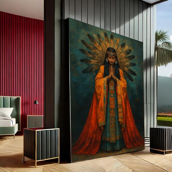 Praying Indigenous Woman Feathered Halo Mystical Portrait Wall Art