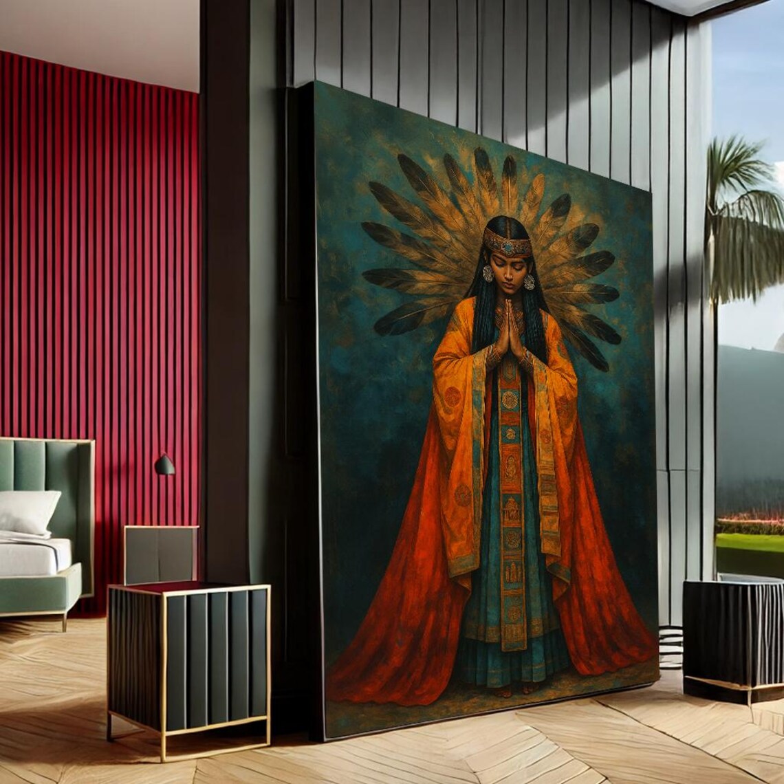 Praying Indigenous Woman Feathered Halo Mystical Portrait Wall Art