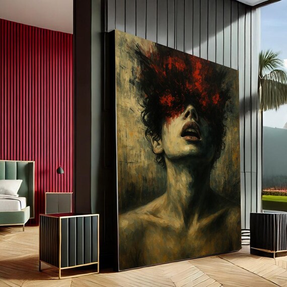 Dramatic Dark Figure Painting Red Black Surreal Portrait Art Poster