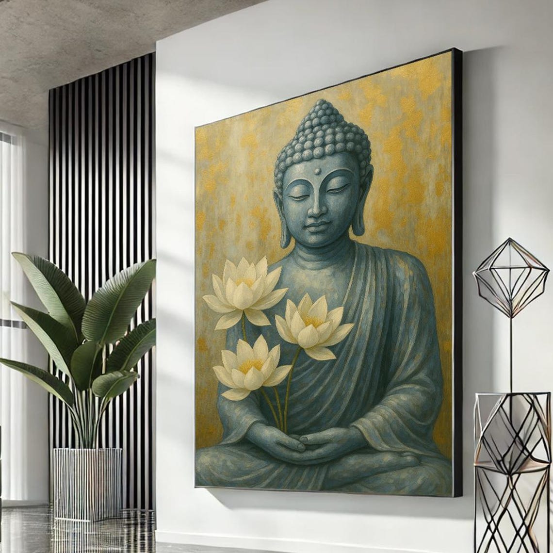 Serene Buddha Canvas Wall Art Elegant Flowers In Tranquil Blue Modern Living Room Bedroom Decor Idea