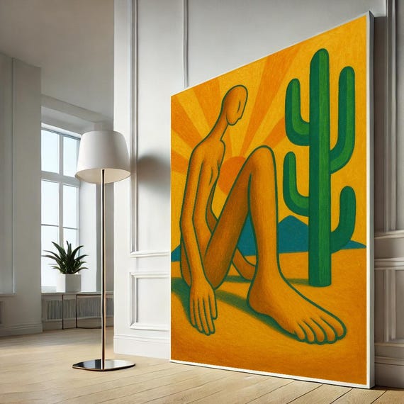 Surreal Desert Canvas Art Abstract Modernist Wall Decor Cactus Humanoid Print Ready To Hang Home