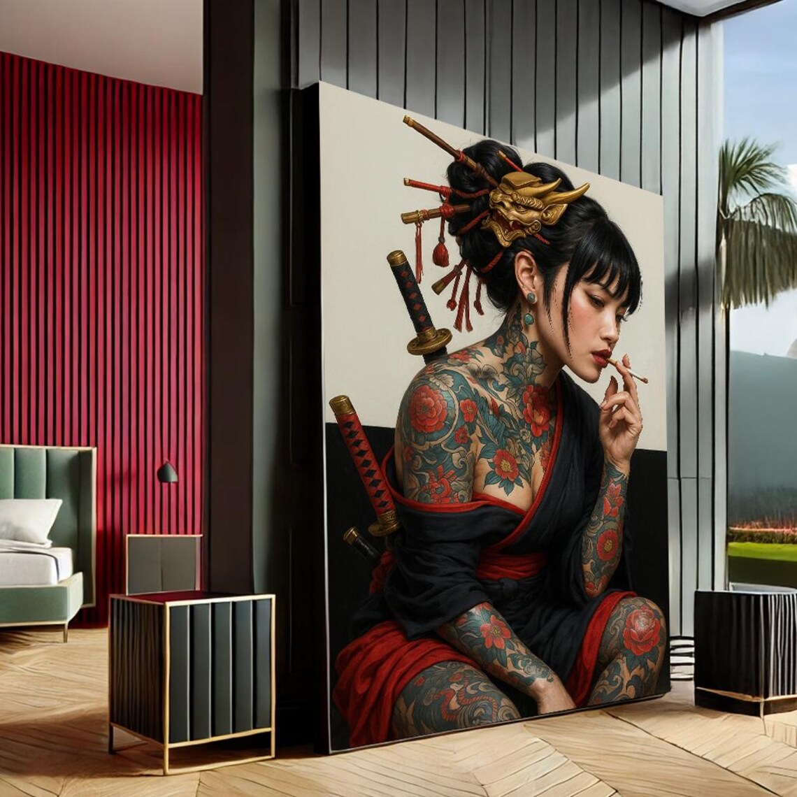 Tattooed Japanese Geisha Warrior Katana Swords Ink Beauty Art Poster