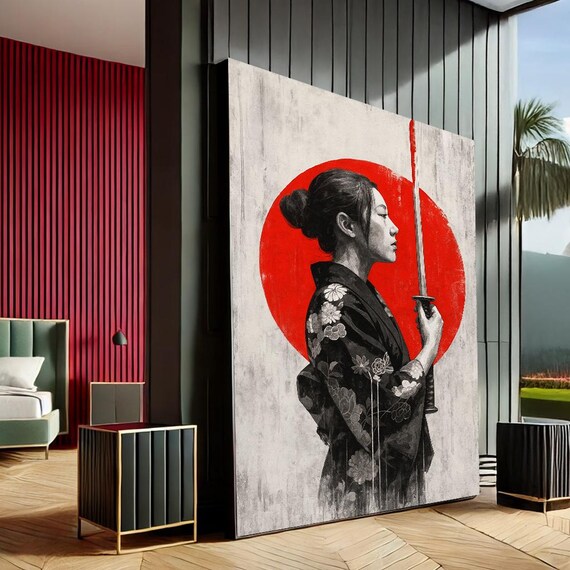 Samurai Woman Art Print Zen Japanese Canvas Wall Decor For Living Room Bold Red And Black Home Accent