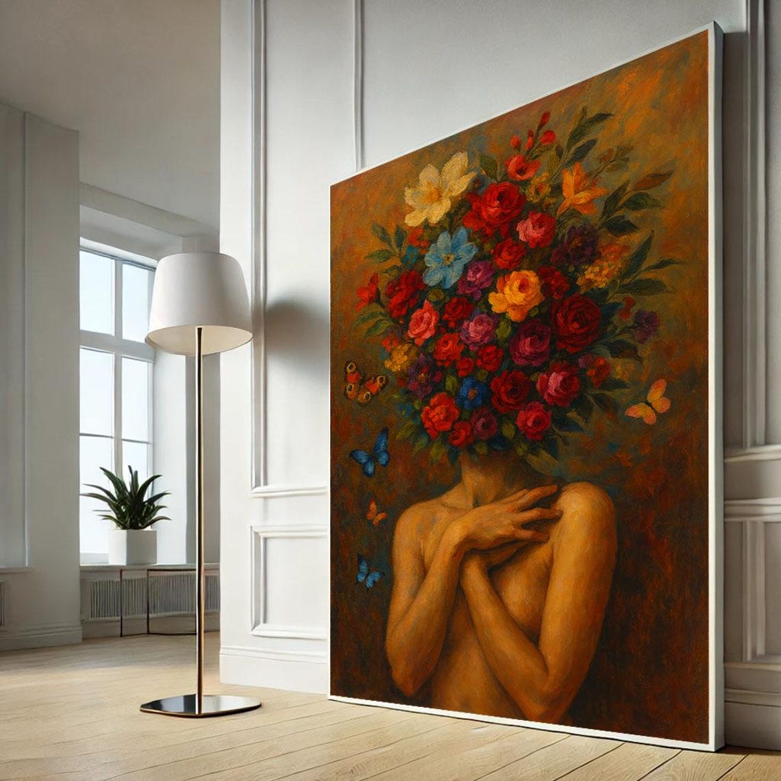 Surreal Woman With Flower Bouquet Head Butterfly Canvas Wall Art