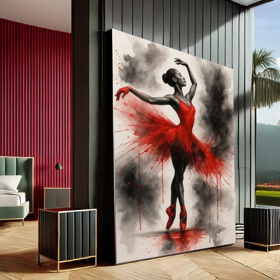 Black Ballerina Red Tutu Watercolor Splash Dramatic Dance Poster