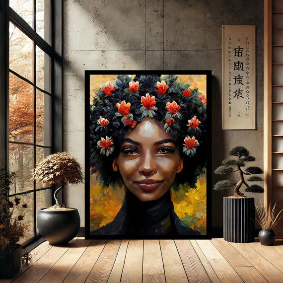 Black African Woman Flower Beautiful Female Mannequin Portrait Home Modern Canvas Wall Art Artcanvas Decor For