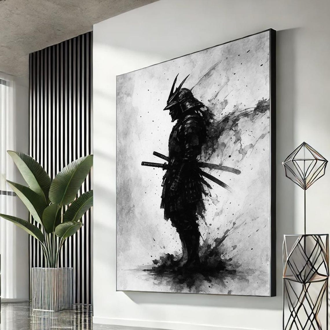 Bold Samurai Warrior Black White Ink Japanese Katana Art Poster