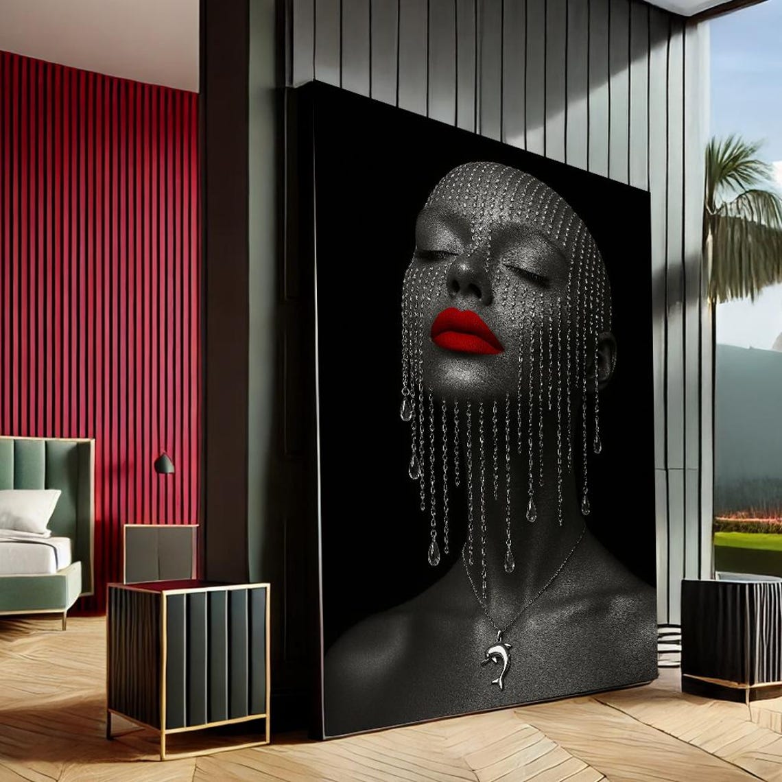 Striking Monochrome Woman Red Lips Crystal Veil Portrait Wall Art