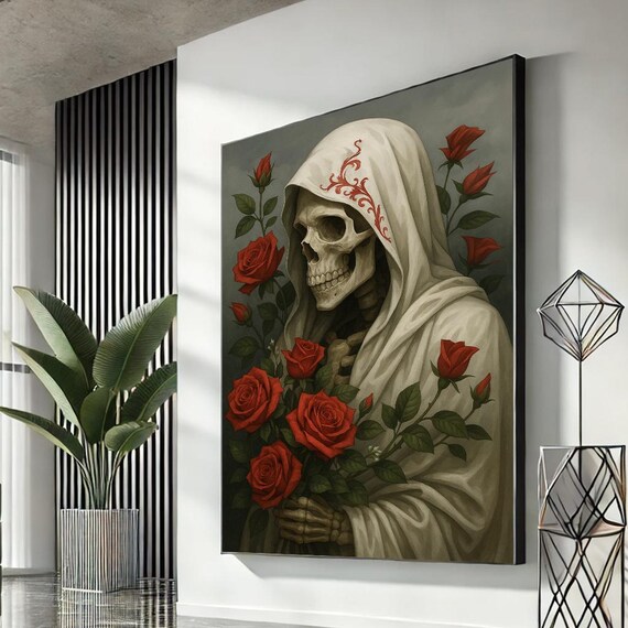 Striking Skeleton With Roses Canvas Wall Art Bold Modern Living Room Decor Ready To Hang Gothic Gift