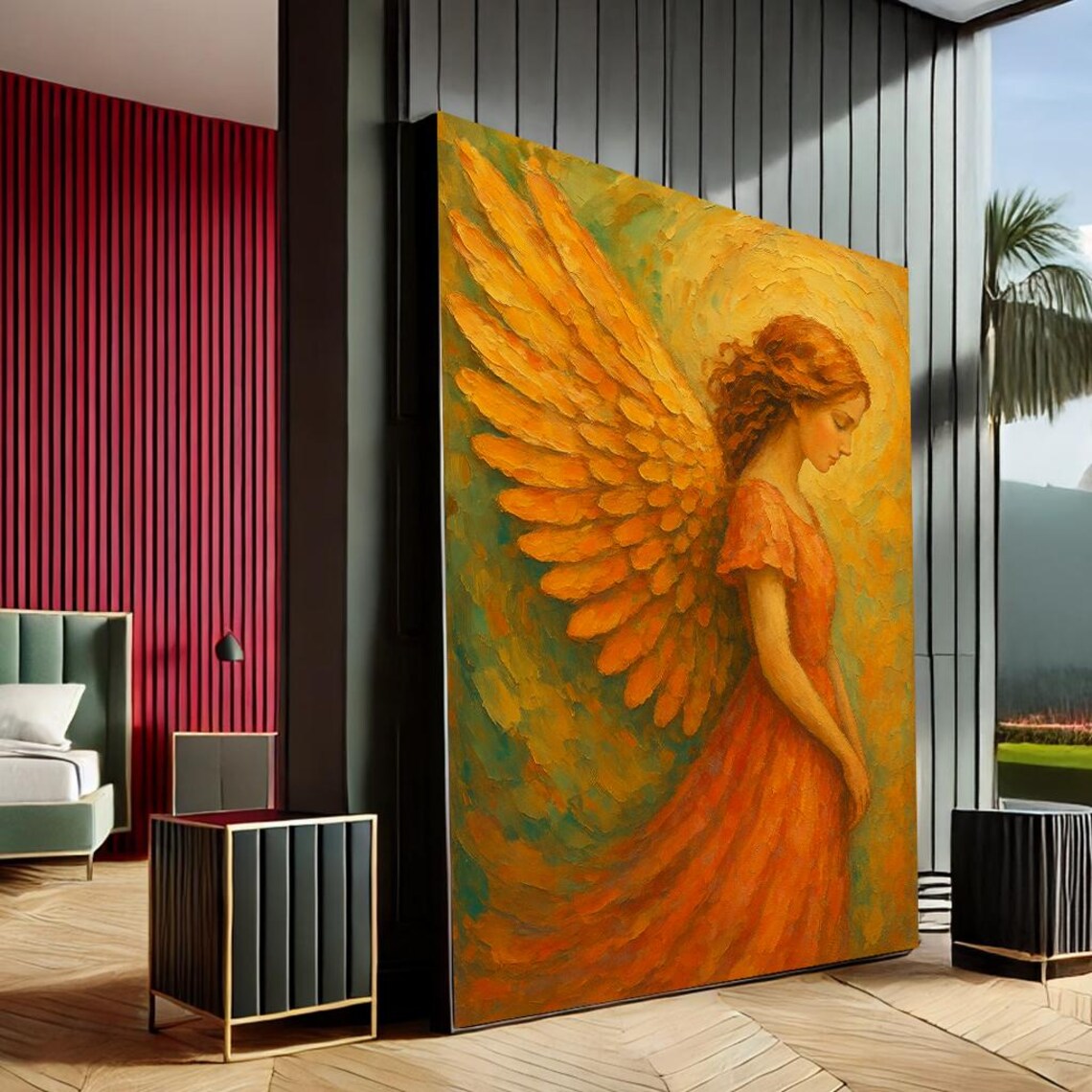 Golden Angel Oil Painting Style Serene Spiritual Heavenly Wall Poster