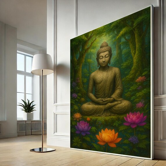 Serene Buddha Canvas Wall Art Captivating Green Nature Decor For Living Room Meditation Space Ready To Hang Spiritual Gift