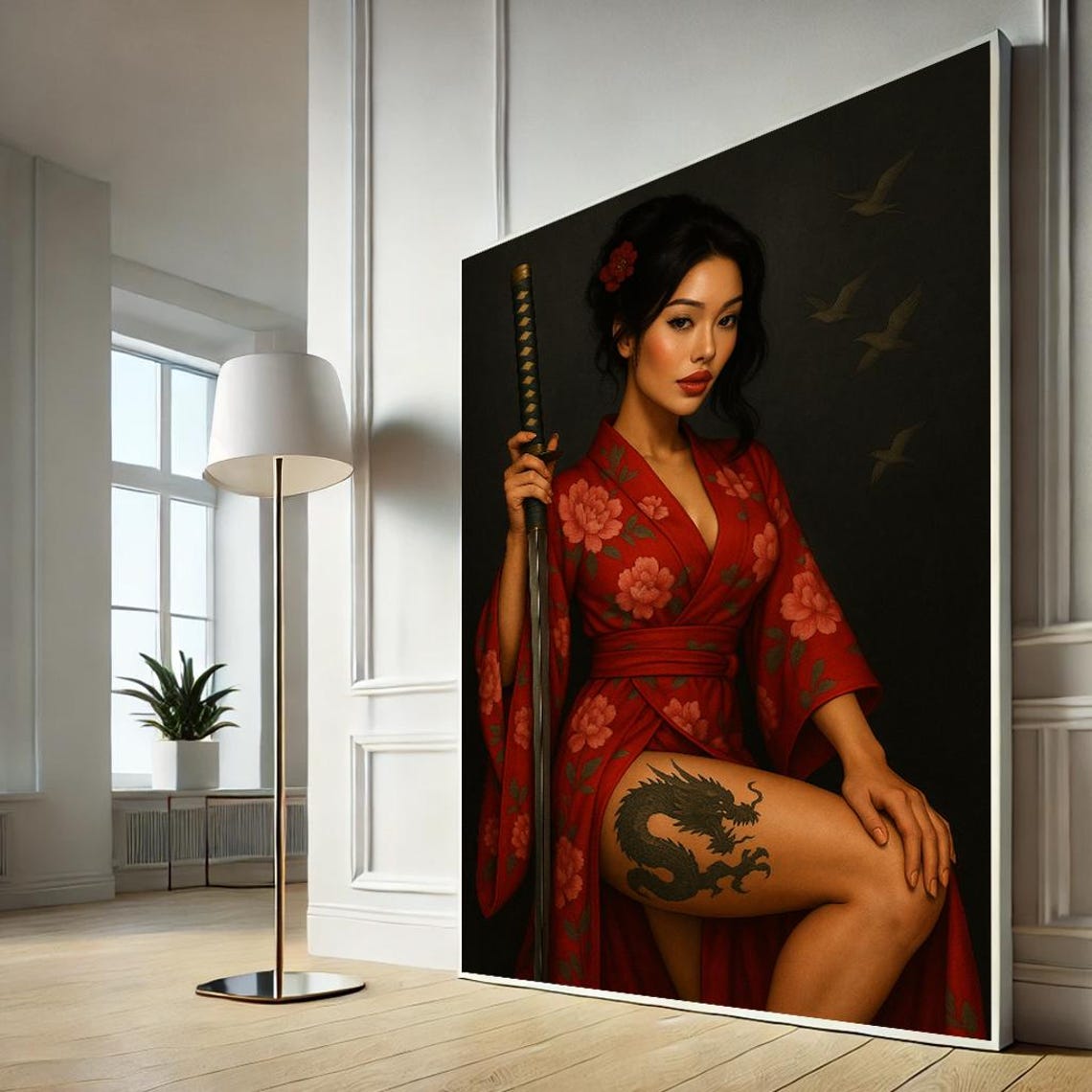 Japanese Warrior Woman Canvas Print Samurai Kimono Katana Dragon Art