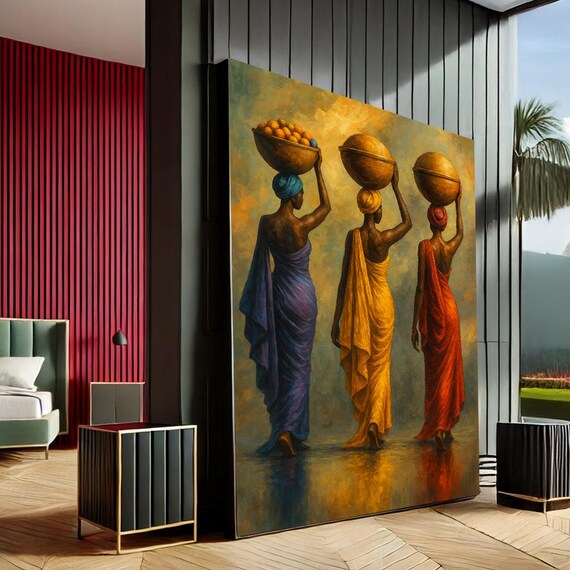 African Women Carrying Baskets Warm Tones Cultural Oil Painting Wall Art