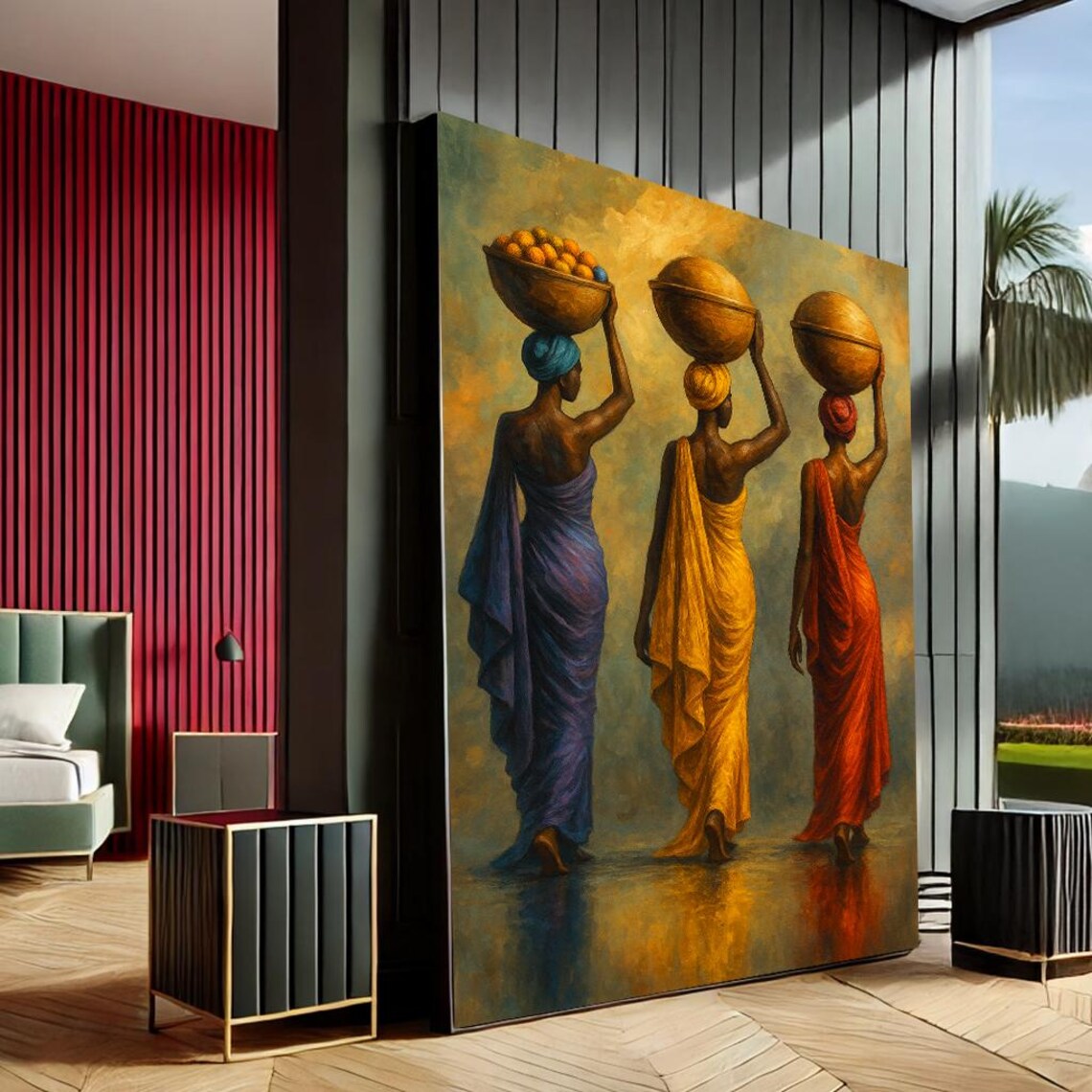 African Women Carrying Baskets Warm Tones Cultural Oil Painting Wall Art