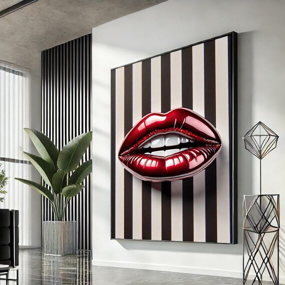 Glossy Red Lips Wide Vertical Stripes Pop Art Fashion Poster