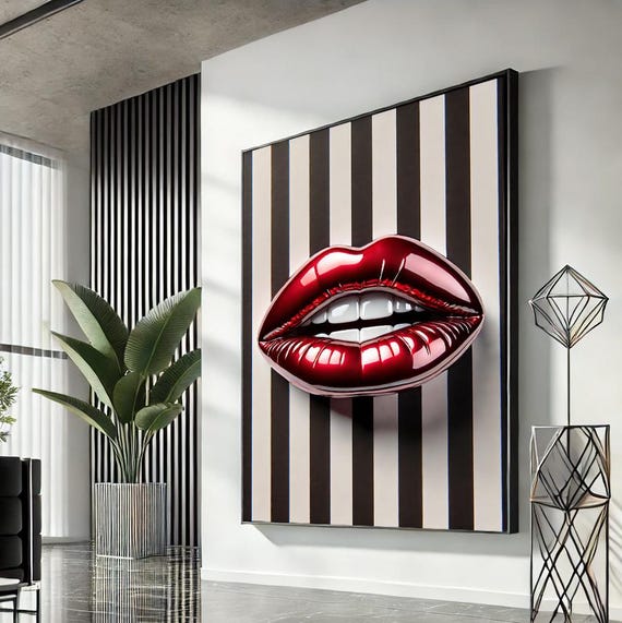 Woman Lips Pop Art Canvas Red Wall Modern Trendy Fashion Artwork Statement Home Accent Unique Gift For Lovers