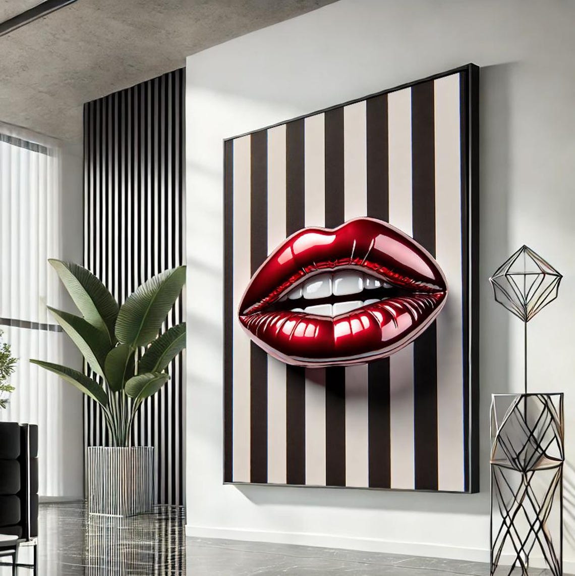 Glossy Red Lips Wide Vertical Stripes Pop Art Fashion Poster