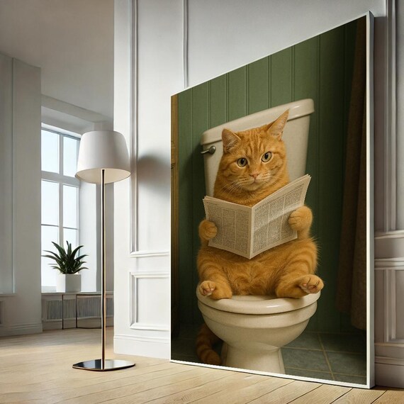 Funny Orange Cat on Toilet Reading Newspaper Humor Poster Art