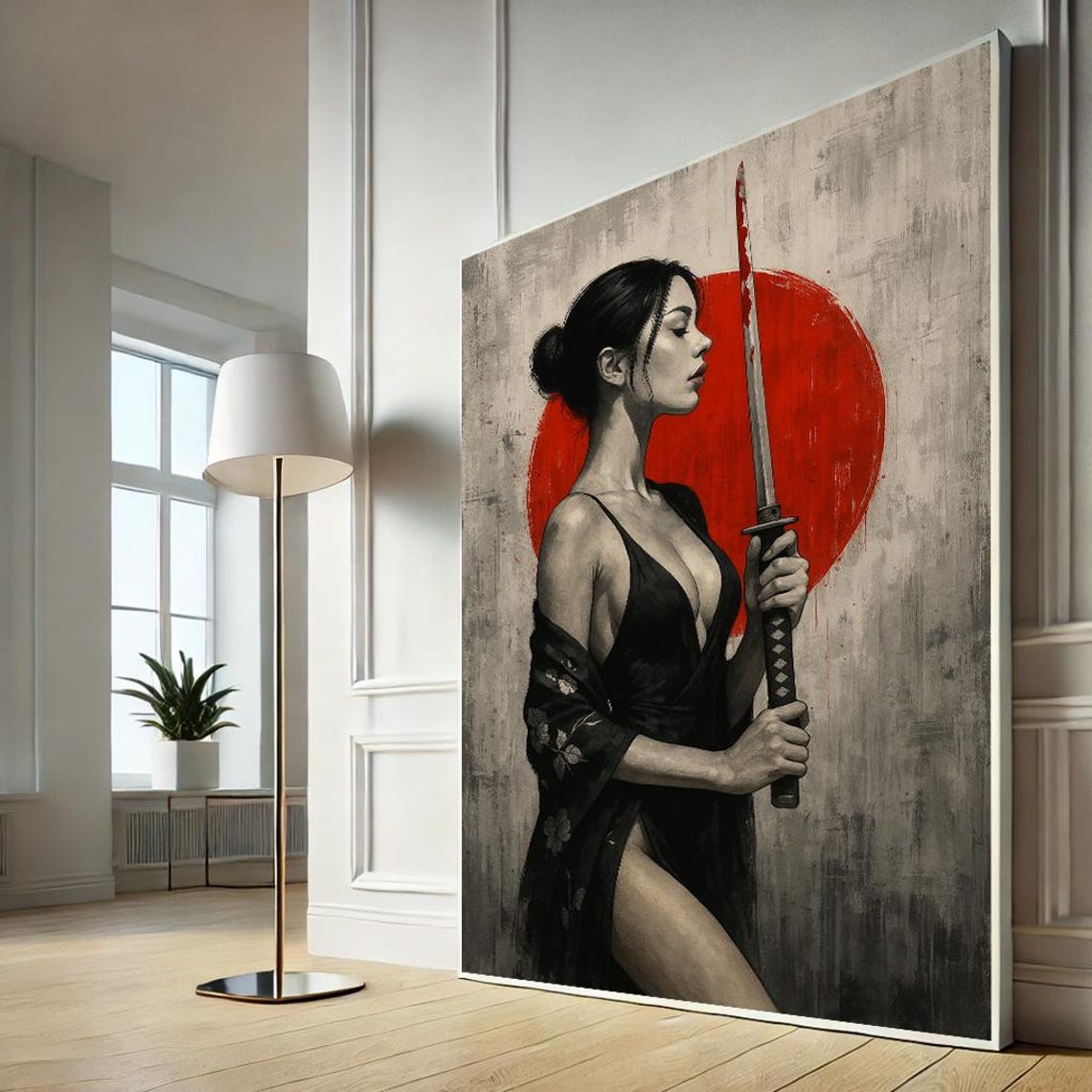Samurai Woman with Katana Red Sun Ink Wash Japanese Art Poster